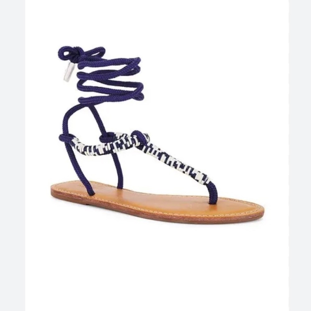 Schutz Claire Sandal Women 9.5B Navy Blue White Lace Up Nautical Flat Thong